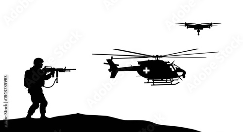 Soldier with rifle, medical helicopter, and drones in silhouette against a white background