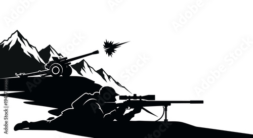 Soldier with sniper rifle and artillery gun in mountainous battlefield, silhouette, war concept
