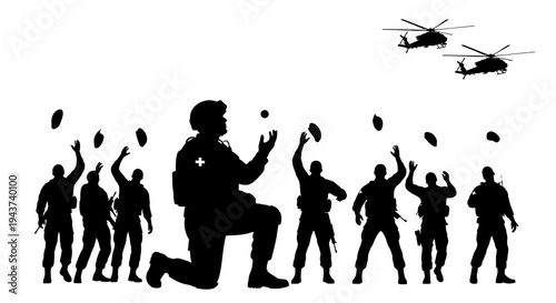 Soldiers Juggling Grenades with Helicopters Flying Above - Silhouette