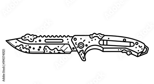 Tactical Folding Knife with Serrated Blade and Camouflage Handle - Line Art