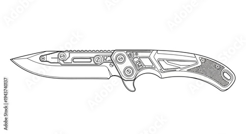 Tactical Folding Knife with Steel Blade and Ergonomic Handle - Line Art Illustration