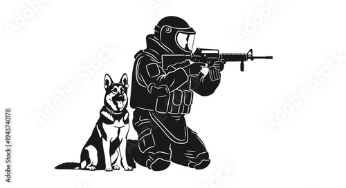 Tactical Soldier with Dog, K9 Unit, Protective Gear, Assault Rifle, Military, Law Enforcement