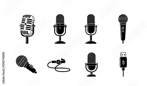 A set of black and white vector microphone icons for audio recording and music