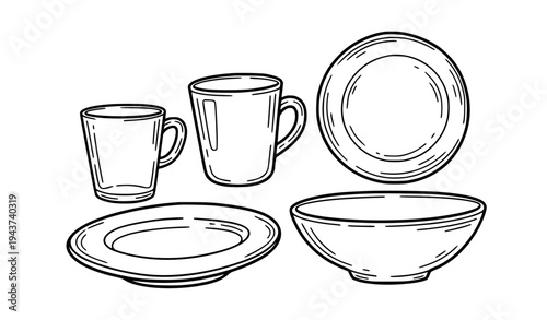 A minimalist line art illustration of a set of tableware including plates and cups