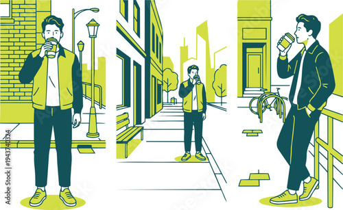 Man enjoying coffee during city break urban lifestyle moment vector illustration showing modern city living and relaxing coffee break