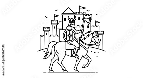 Viking Warrior on Horseback Before Castle, Axe and Shield, Medieval Battle Scene
