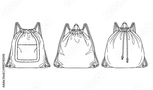 A minimalist line art illustration of a drawstring backpack in three views