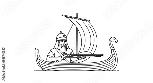 Viking Warrior with Rifle on Longboat, Historical Fantasy Art