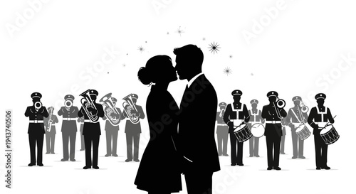 Wedding Couple Kissing Silhouette with Marching Band