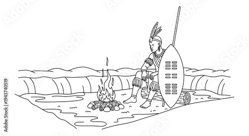 Zulu warrior sitting by campfire with shield and spear, traditional African culture