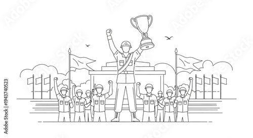 Winner holding trophy on podium with cheering crowd and flags