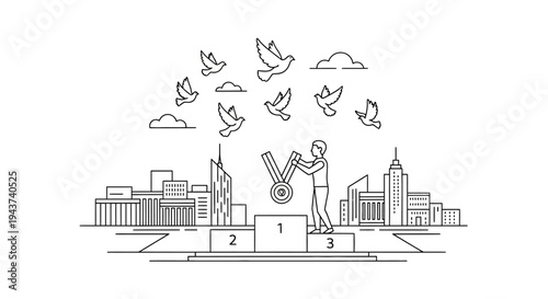 Winner holding medal on podium with doves flying over city skyline