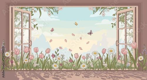 Open window overlooking a spring meadow with blooming tulips, daisies, and butterflies flying against a pastel sky