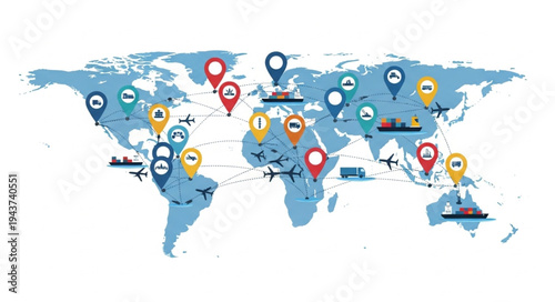 World Map with Location Pins.