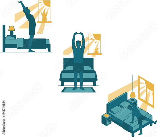 Person doing morning stretch in bedroom wellness routine vector illustration showing healthy lifestyle and daily fitness habit at home