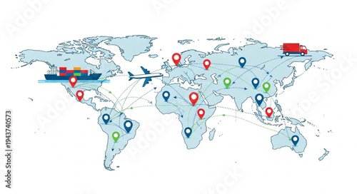 World Map with Location Pins.