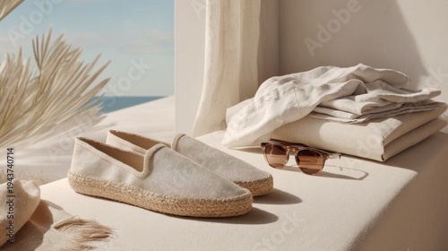 Still life of espadrilles, clothing, sunglasses by a window overlooking the ocean