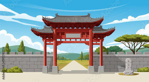 Charming Vector Illustration of a Traditional Chinese Gate Entrance with Scenic Landscape Background