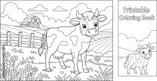 Cute cartoon farm cow standing in a field with barn and fence coloring page vector illustration with transparent background