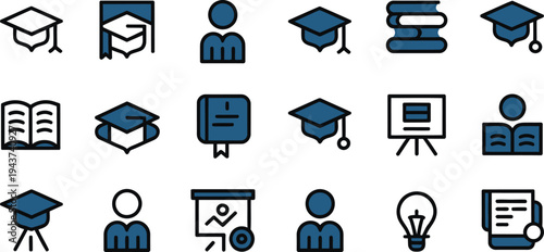 Blue and black education icon set for online courses and learning with education with icon
