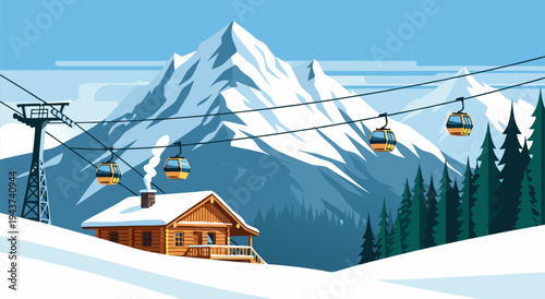 Cozy mountain chalet with ski lift cable cars in snow, a beautiful winter landscape vector illustration
