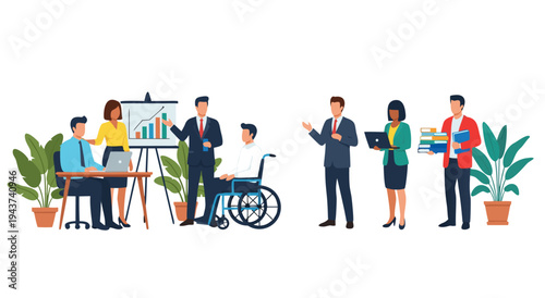 Business meeting with diverse team members including a person in a wheelchair and a presentation, vector illustration