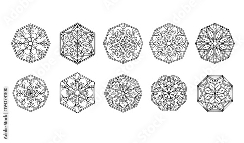 A set of intricate black and white snowflake designs on a plain background