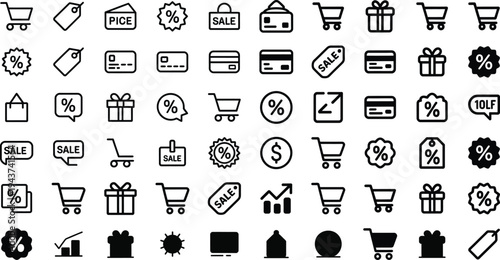 Shopping and commerce icon set for online sales and discounts with shopping with commerce