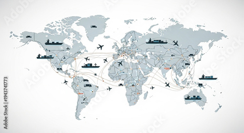 World Map with Airplanes Flying.