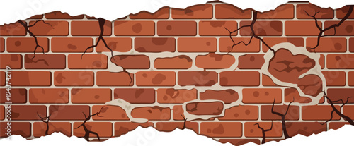 Damaged brick wall with cracks and chipped edges, artistic illustration of crumbling texture