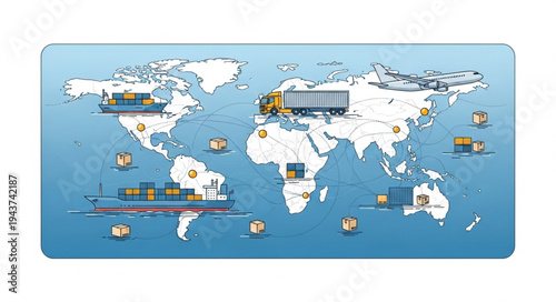 World Map with Cargo Ships.