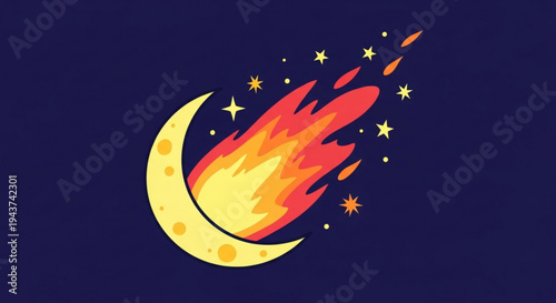 Crescent moon with vibrant meteor shower and stars in dark blue night sky