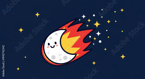 Smiling crescent moon engulfed in vibrant orange and red flames surrounded by sparkling stars in a dark blue night sky