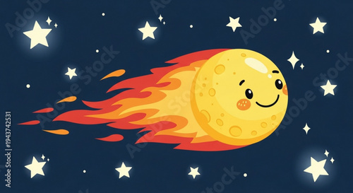 Smiling cartoon moon with flames trails through starry night sky in space
