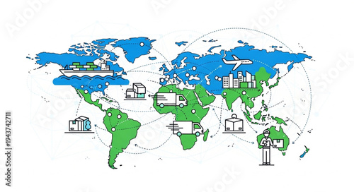 World Map with Continents Highlighted.