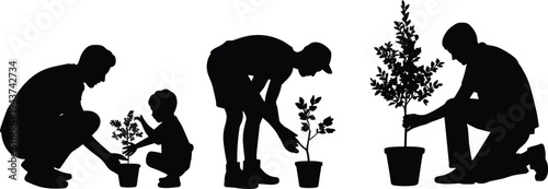 PrintFamily planting silhouette illustration, child adult nature care vector design, environmental growth clipart, sustainability outline graphics, gardening art icons collection