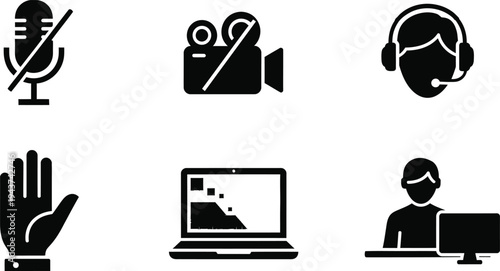 Video Conference Icon Set with Mute Microphone, Camera Off, Screen Sharing, Headset Operator, and Raise Hand Symbols for Remote Work, Webinar, and Virtual Meeting UI Design