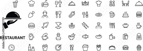 Restaurant icons set: food, drinks, service and dining symbols in outline style, restaurant icon