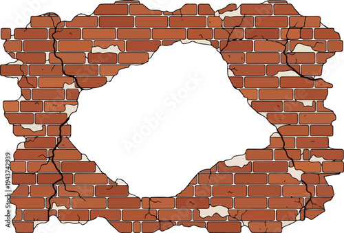 Hole in a weathered brick wall with cracks, representing damage and structural issues