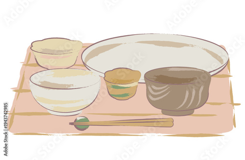 筆手描き風　和定食の並びの食器イラスト
