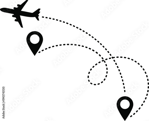 Airplane traveling between two map location markers with dotted route lines isolated on transparent background, Vector
