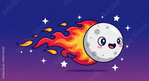 Smiling cartoon moon with flames and stars in space fantasy illustration