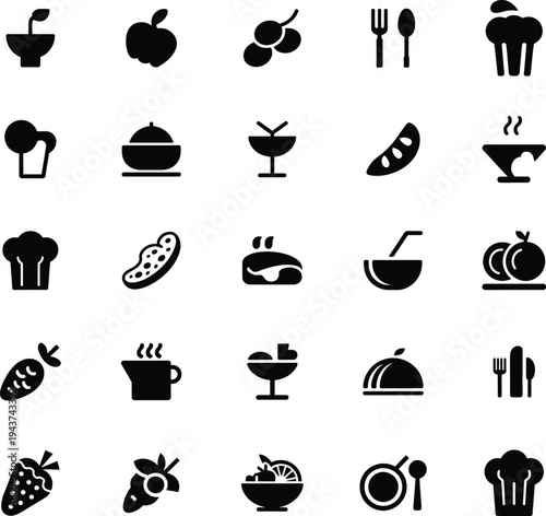 Food icons set: fruits, vegetables, desserts and meal symbols in solid style, food icon