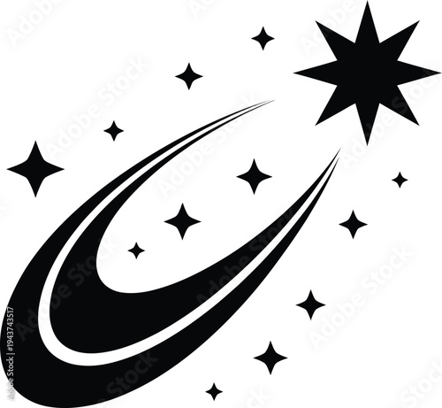 A sleek comet streaking past a cluster of twinkling stars and a radiant celestial starburst isolated on transparent background, Vector