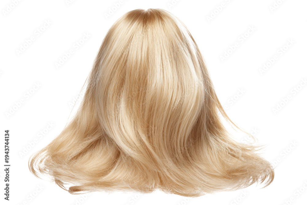Naklejka premium Blonde human hair wig with wavy texture isolated on black background image