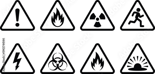 Collection of common warning and hazard symbols displayed in triangular formats isolated on transparent background, Vector