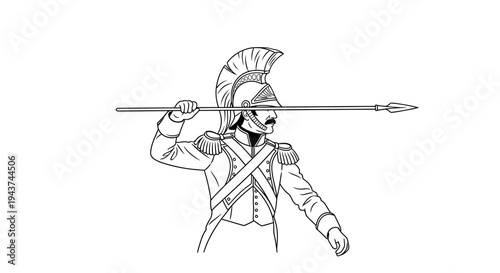 Ancient Soldier Throwing Spear, Historical Warrior in Uniform with Helmet and Musket