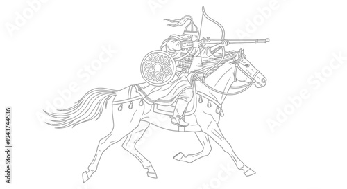 Ancient Warrior on Horseback with Bow and Arrow, Historical Battle Scene
