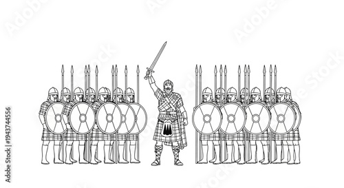 Ancient Warrior Leader Commands Phalanx of Soldiers with Swords and Shields