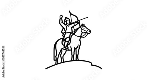 Archer on Horseback Drawing Bow on Hilltop